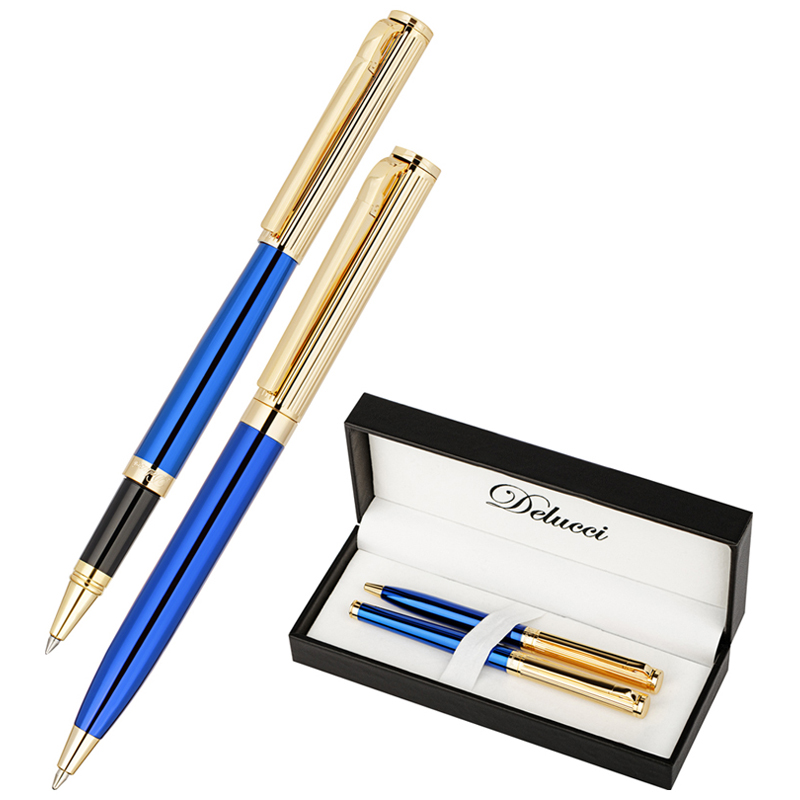 Набор Delucci "Azzurro": ручка шарик., 1мм и ручка-роллер, 0,6мм, синие, корпус син/зол., подарочная