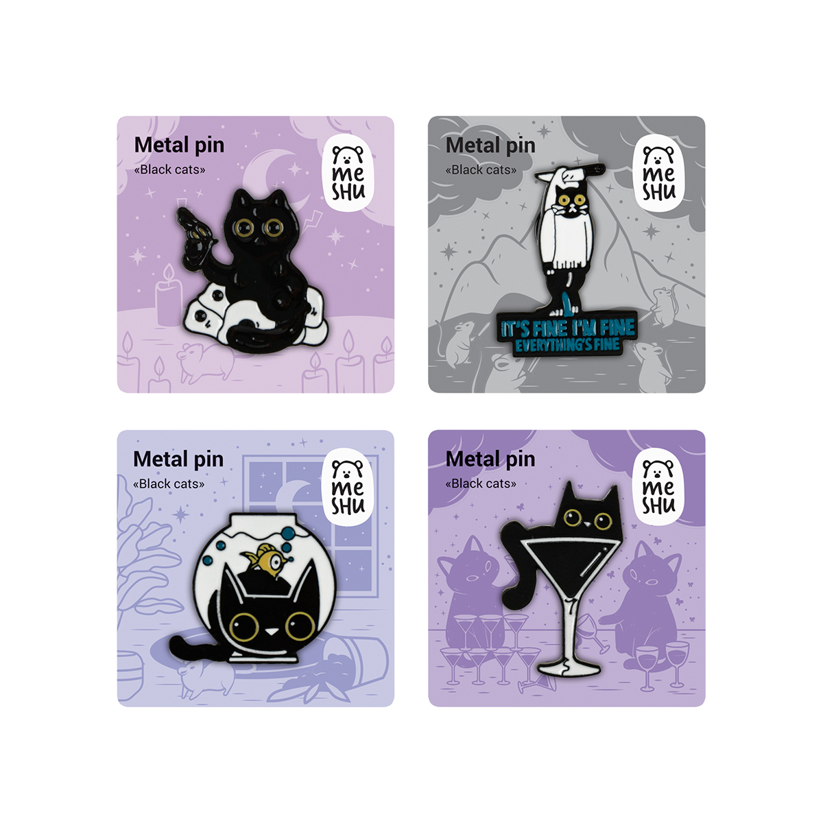 Набор металлических значков MESHU "Black cats", эмаль, 4шт, картонная подложка, европодвес MS_60346