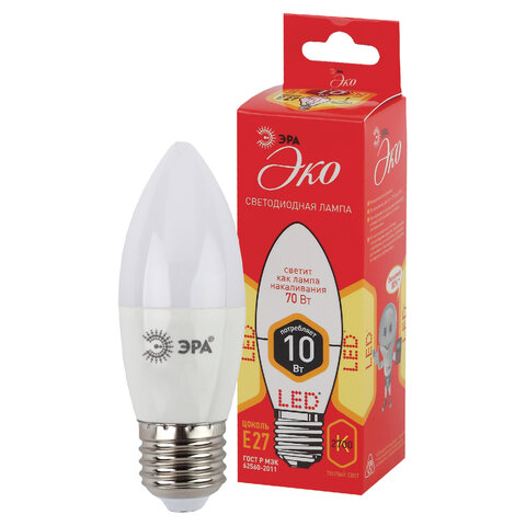 Лампа светодиодная ЭРА, 10(70)Вт, цоколь Е27, свеча, теплый белый, 25000ч, ECO LED B35-10W-2700-E27 