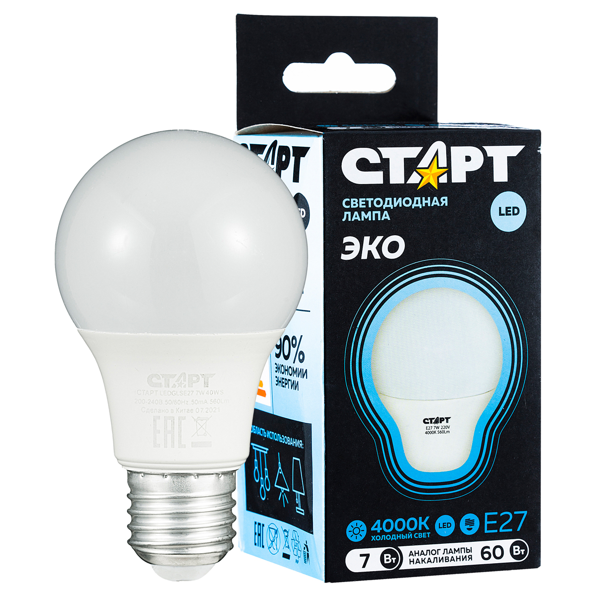 Лампа светодиодная Старт LED, серия "WS" 7W40, тип А "груша", E27, 4000К, нейтральный свет, 25000ч 17293