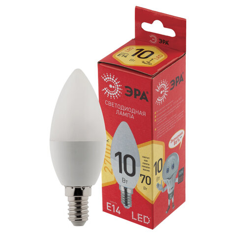 Лампа светодиодная ЭРА, 10(70)Вт, цоколь Е14, свеча, теплый белый, 25000ч, LED B35-10W-2700-E14 Б004