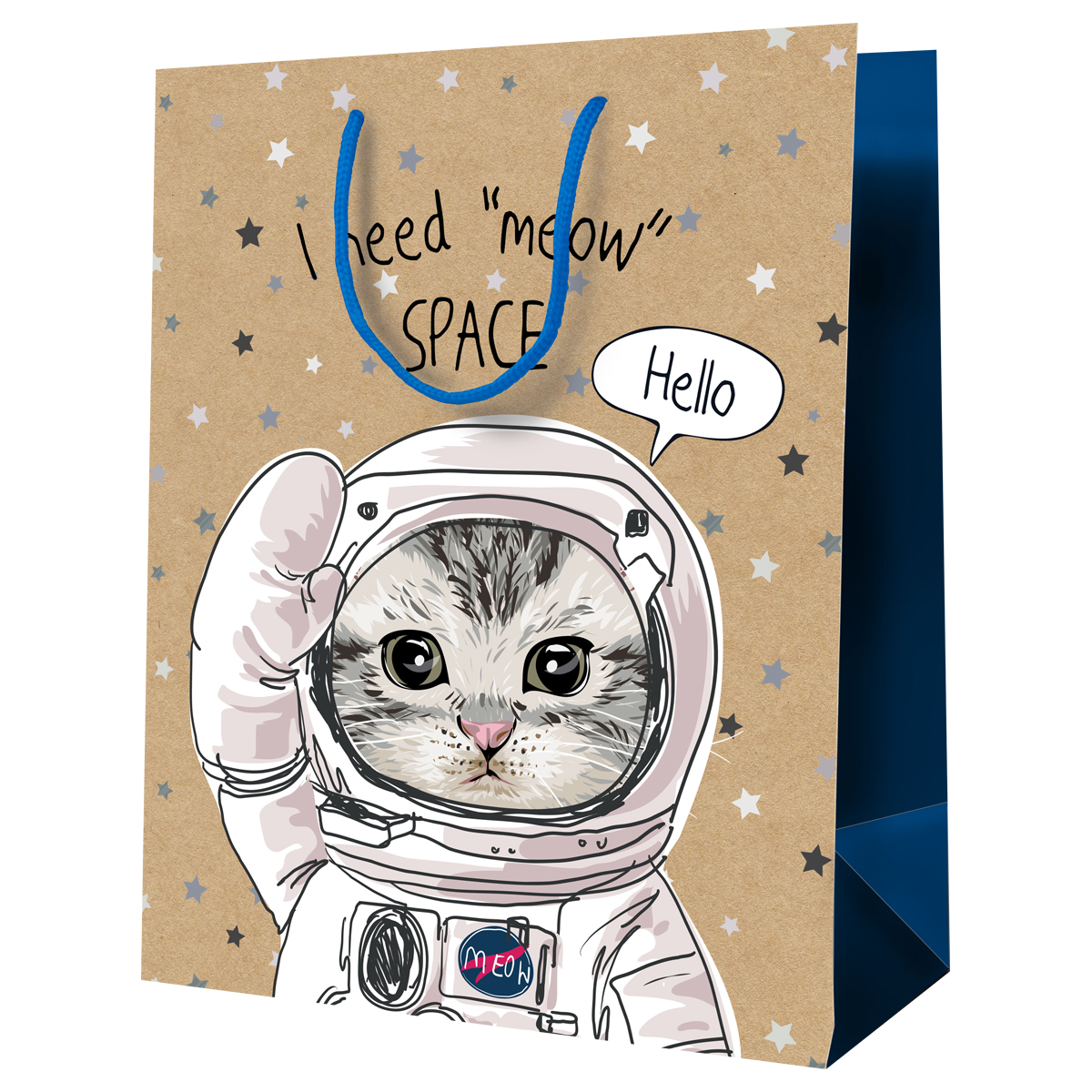 Пакет подарочный 11*14*6,5см MESHU "Космический кот", крафт MS_52223