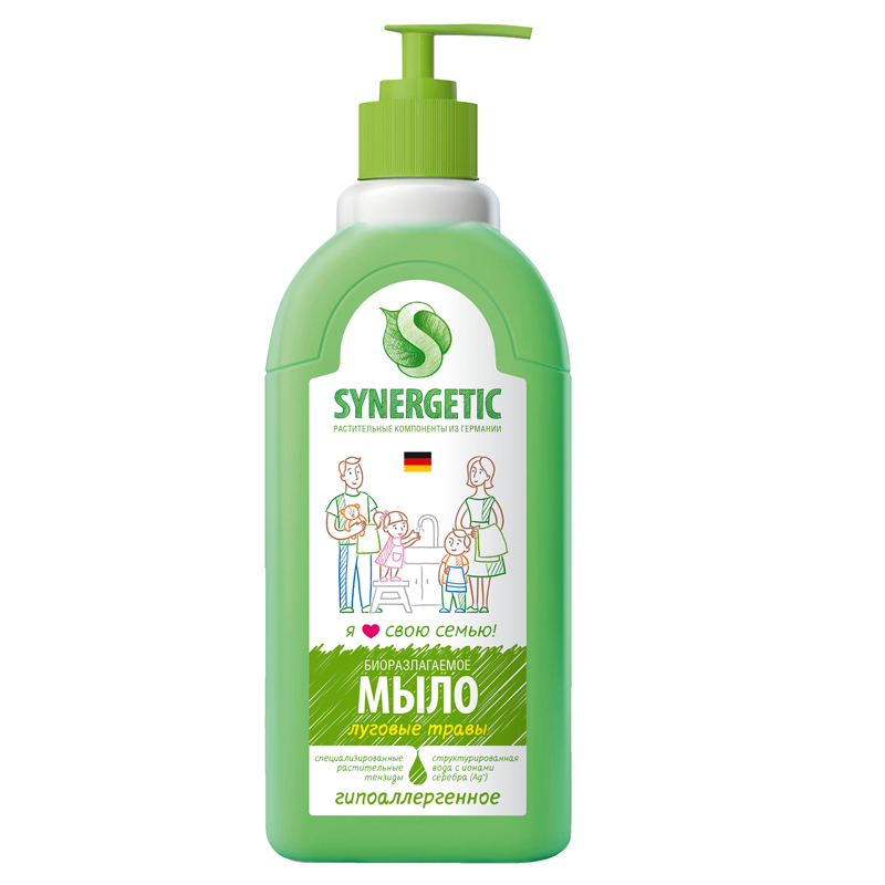Мыло жидкое Synergetic "Луговые травы", биоразлагаемое, с дозатором, 500мл 4613720438976