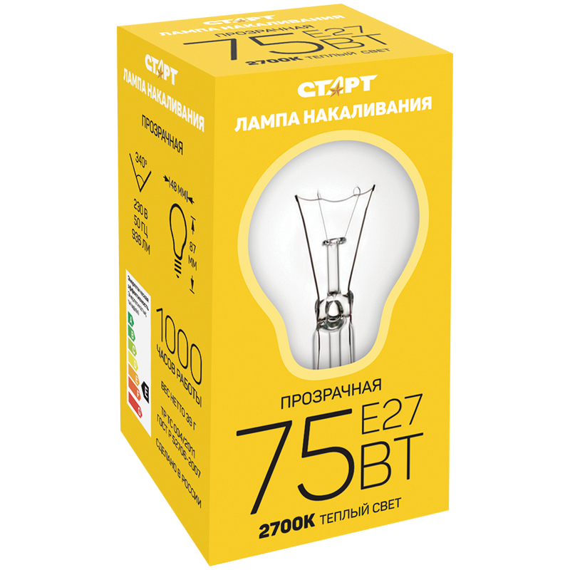 Лампа накаливания Старт Б 75W, E27, прозрачная 10476/11961/10471