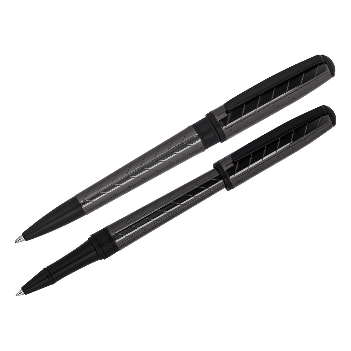 Набор Delucci "Marte": ручка шариковая 1мм и ручка-роллер 0,6мм, синие, корпус титан/черный, подароч