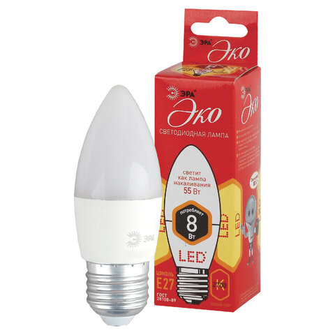 Лампа светодиодная ЭРА, 8(55)Вт, цоколь Е27, свеча, теплый белый, 25000ч, ECO LED B35-8W-2700-E27 Б0