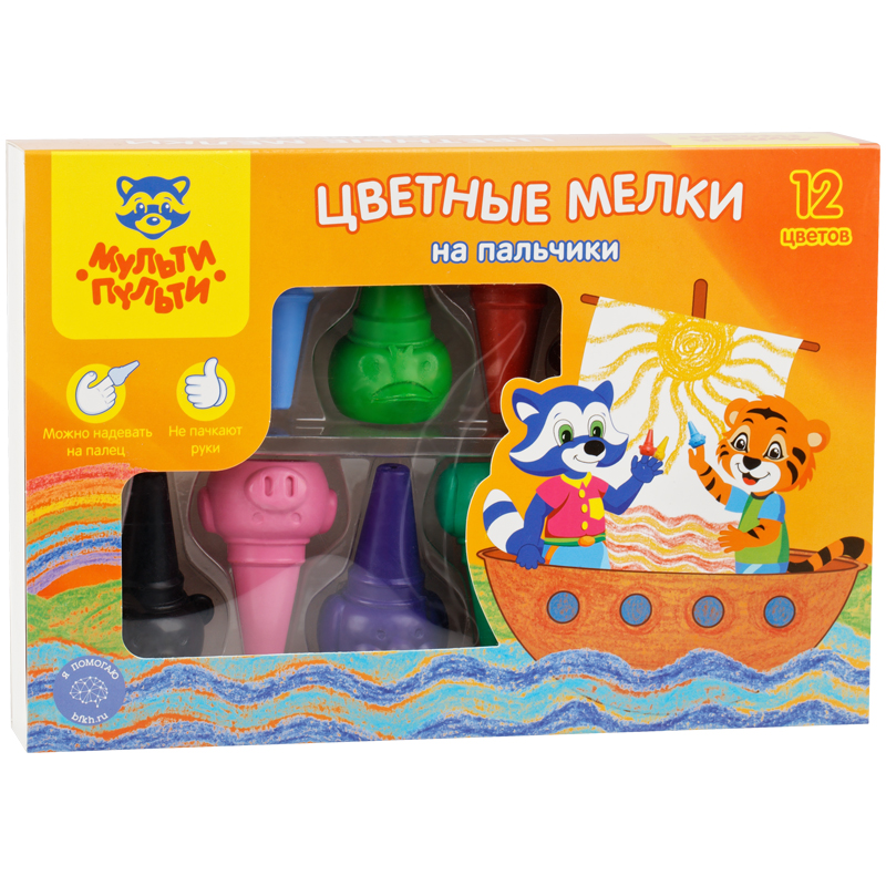 Мелки пластиковые Мульти-Пульти "Зверята", 12цв., на палец, картон 308912