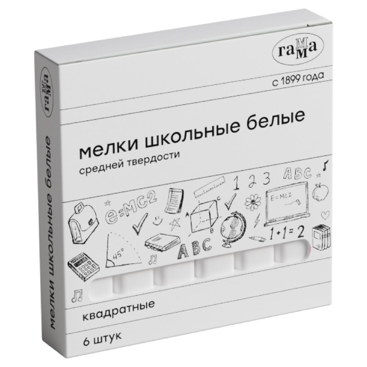 Мелки школьные Гамма, белые, 06шт., средней тверд., квадратные, картонная коробка 280120214