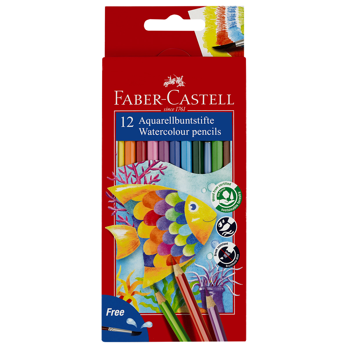 Карандаши акварельные Faber-Castell, 12цв+кисть, картон, европодвес 114413
