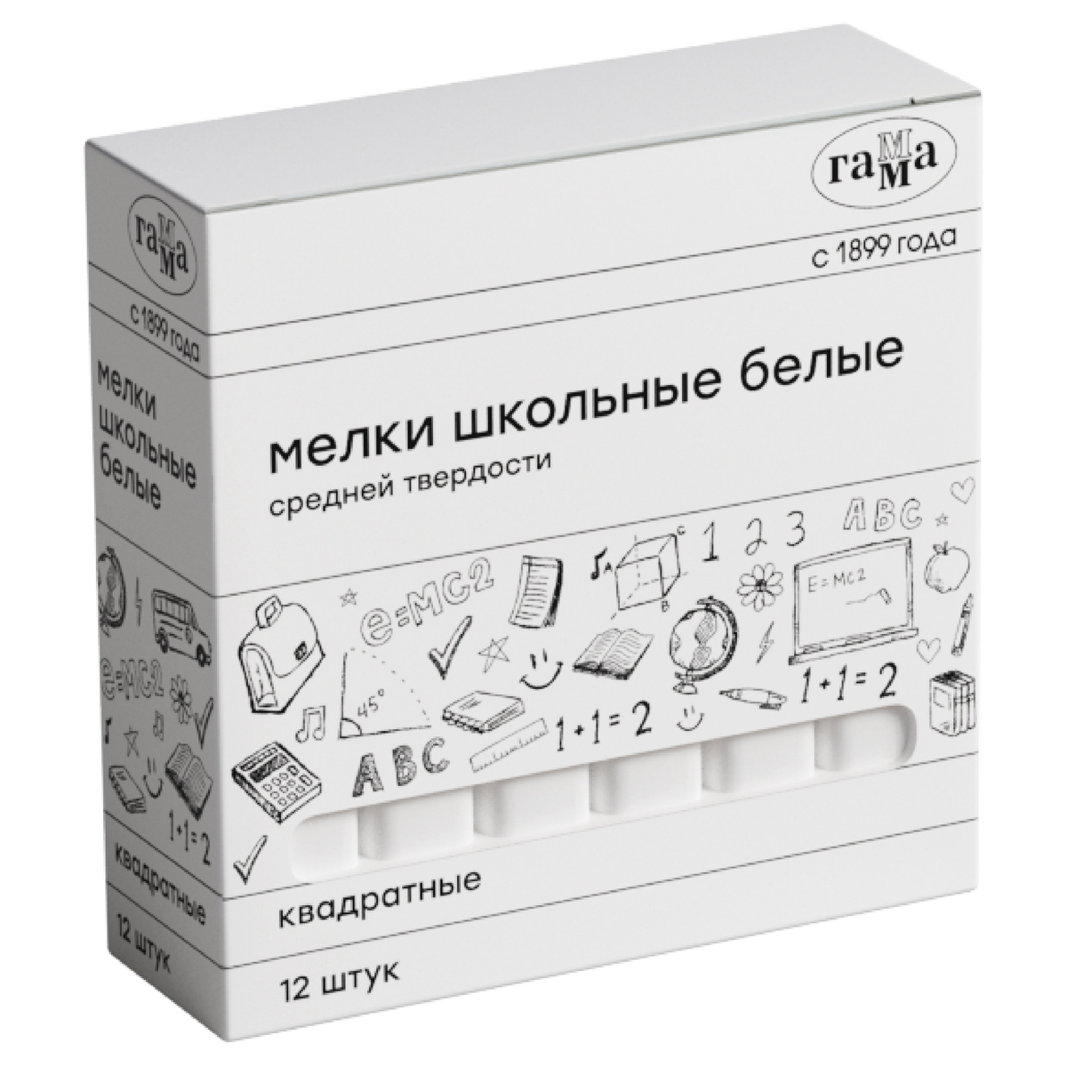 Мелки школьные Гамма, белые, 12шт., средней твердости, квадратные, картонная коробка 280120213