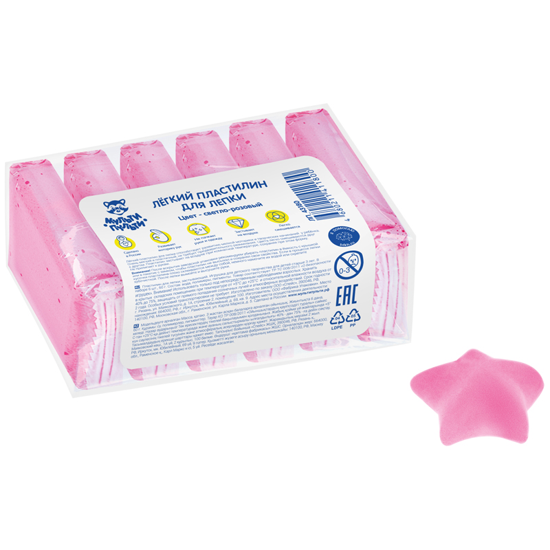 Легкий пластилин для лепки Мульти-Пульти, светло-розовый, 6шт., 60г, прозрачный пакет ЛП_43180