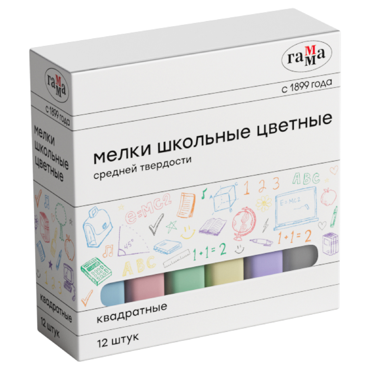 Мелки школьные цветные Гамма, 12шт., средней твердости, квадратные, картонная коробка 30320213