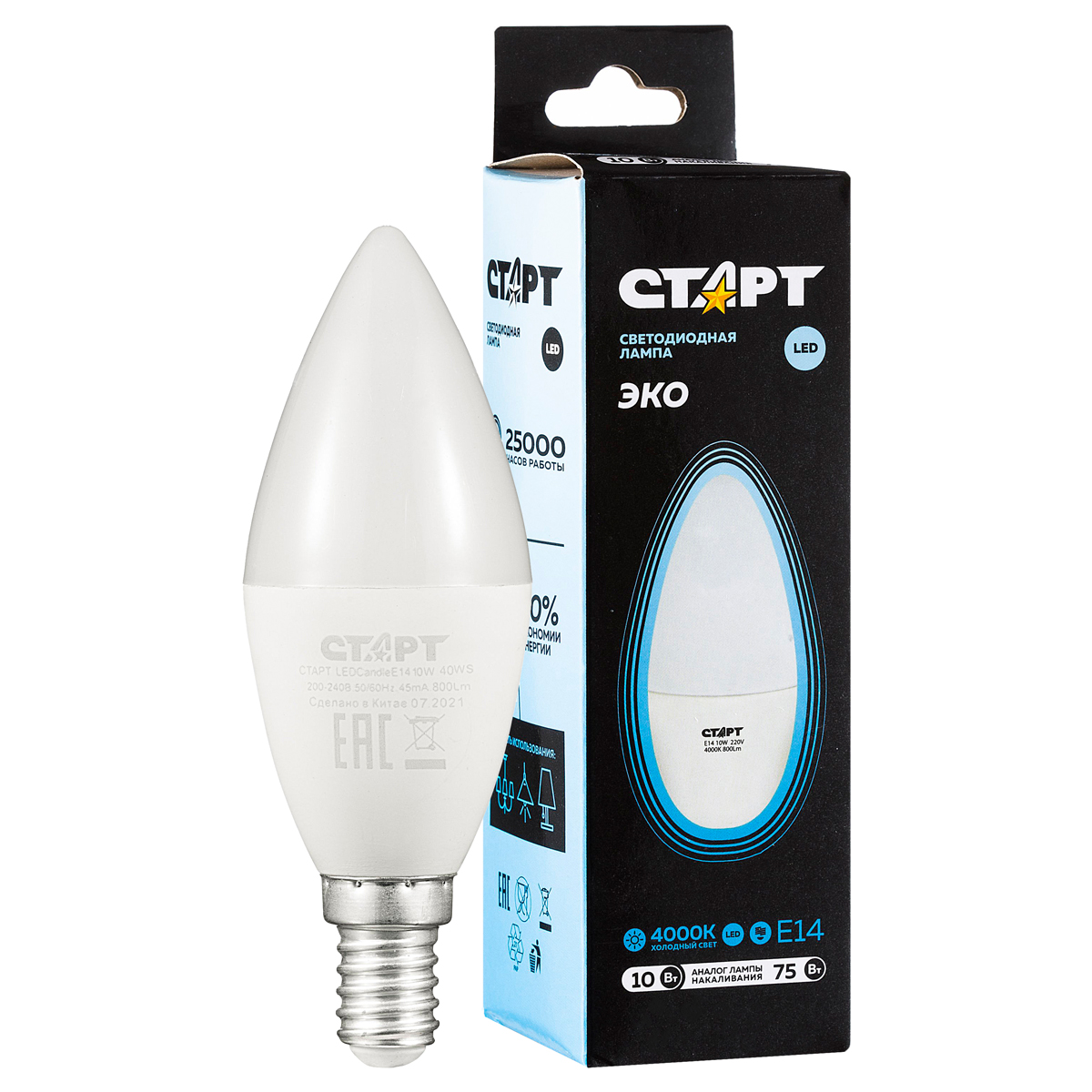 Лампа светодиодная Старт LED, серия "WS" 10W40, тип С "свеча", E14, 4000К, нейтральный свет, 25000ч 17275
