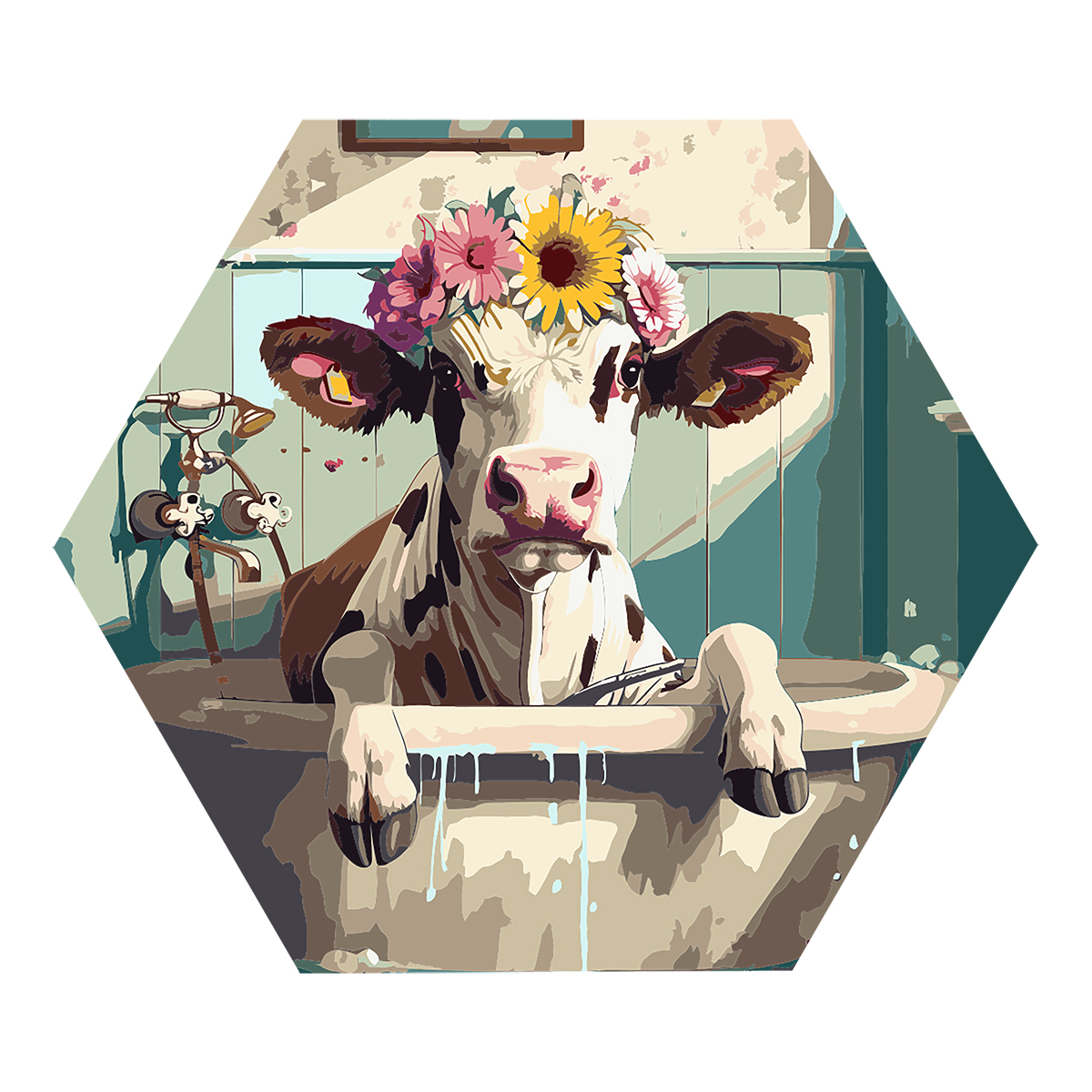 Картина по номерам на фигурном холсте ТРИ СОВЫ "Корова с цветами в ванной", форма многоугольник, с акриловыми красками и кистями FCF30_00012