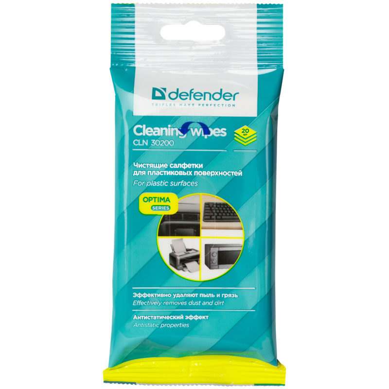 Салфетки чистящие влажные Defender, для поверхностей, в мягкой упаковке, 20шт. 30200