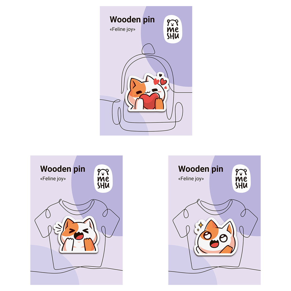 Набор деревянных значков MESHU "Feline joy", каширование, 3шт. MS_54868