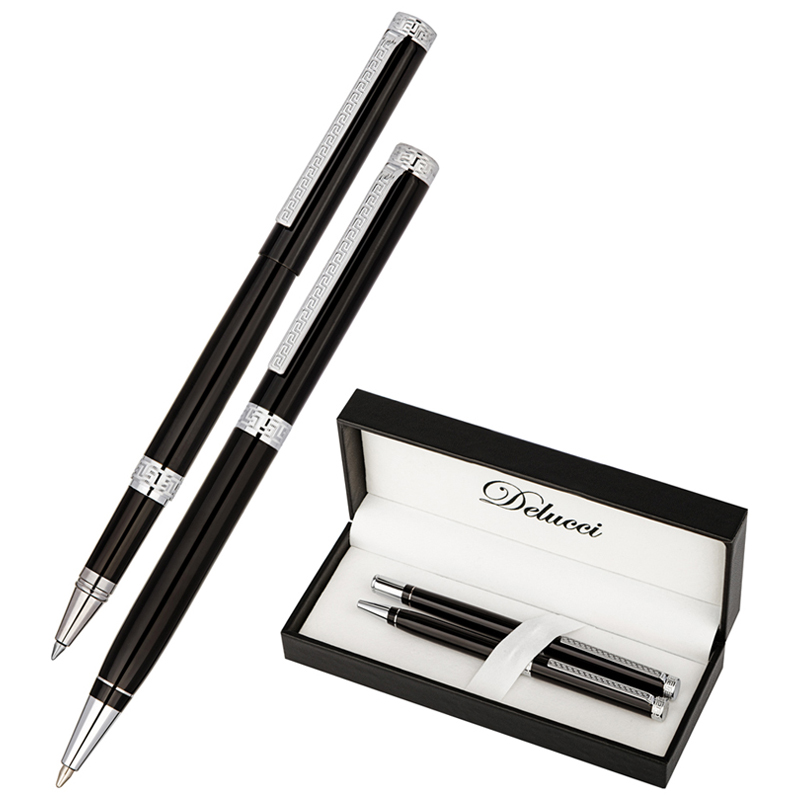 Набор Delucci "Classico": ручка шарик., 1мм и ручка-роллер, 0,6мм, синие, корпус черный, подарочная 