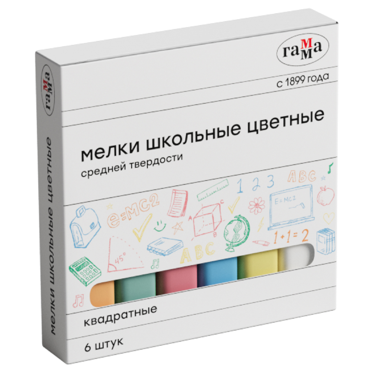 Мелки школьные цветные Гамма, 6шт., средней тверд., квадратные, картонная коробка 30320212