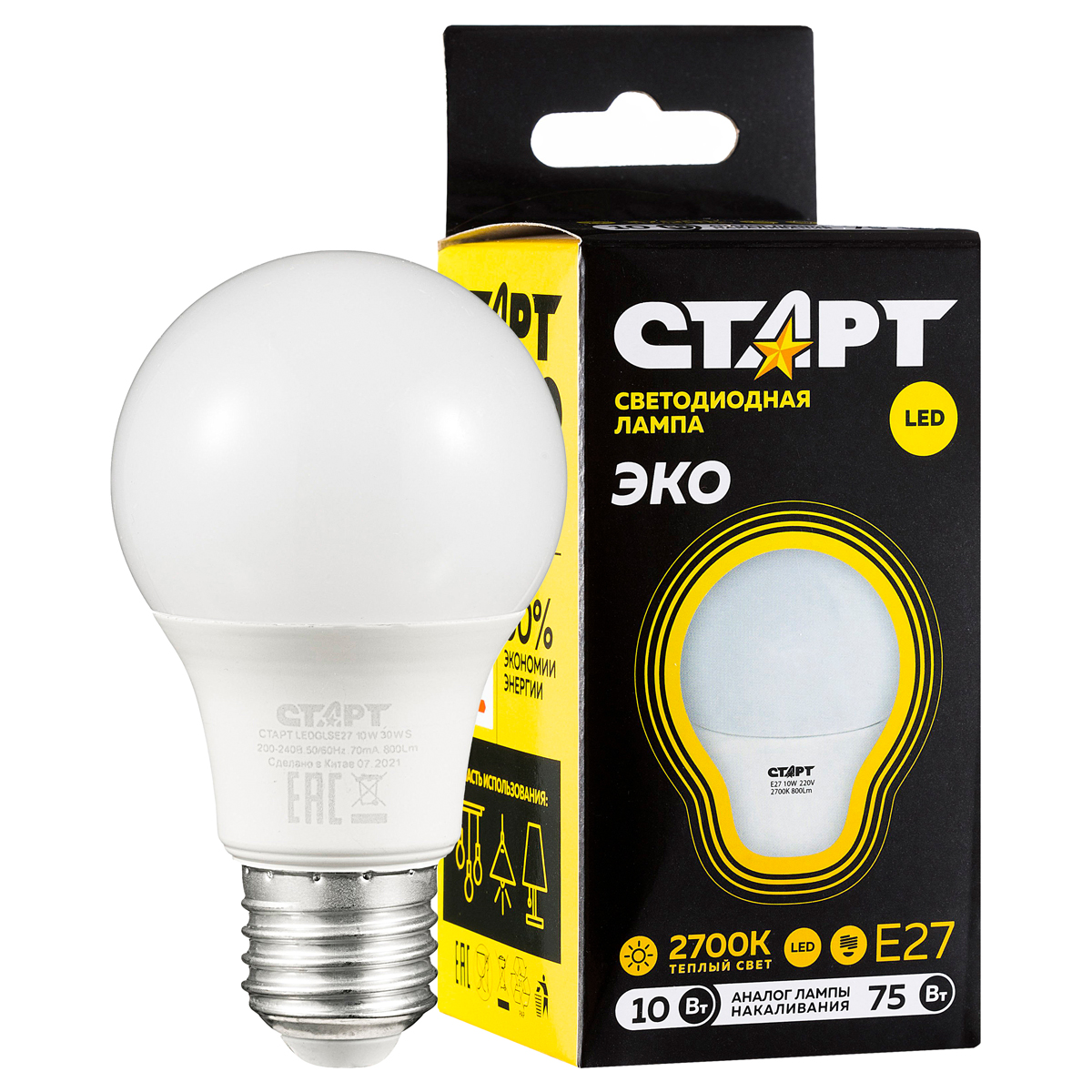 Лампа светодиодная Старт LED, серия "WS" 10W30, тип А "груша", E27, 2700К, теплый свет, 25000ч 17291