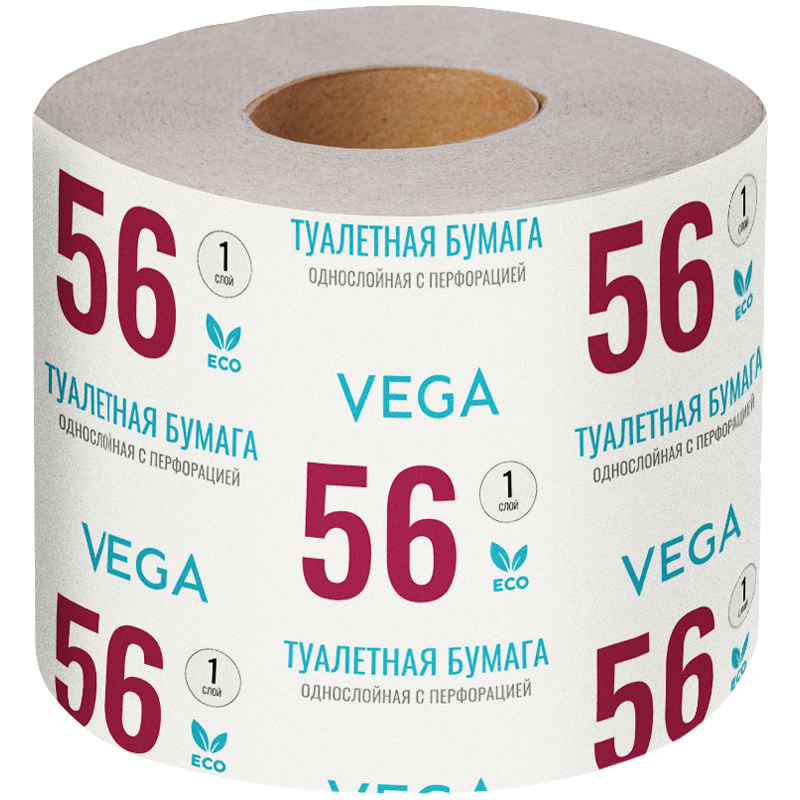 Бумага туалетная Vega, 1-слойная, 56м/рул., на втулке, с перф., серая 339240