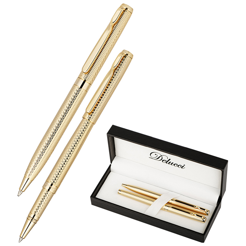 Набор Delucci "Celeste": ручка шарик., 1мм и ручка-роллер, 0,6мм, синие, корпус золото, подарочная у