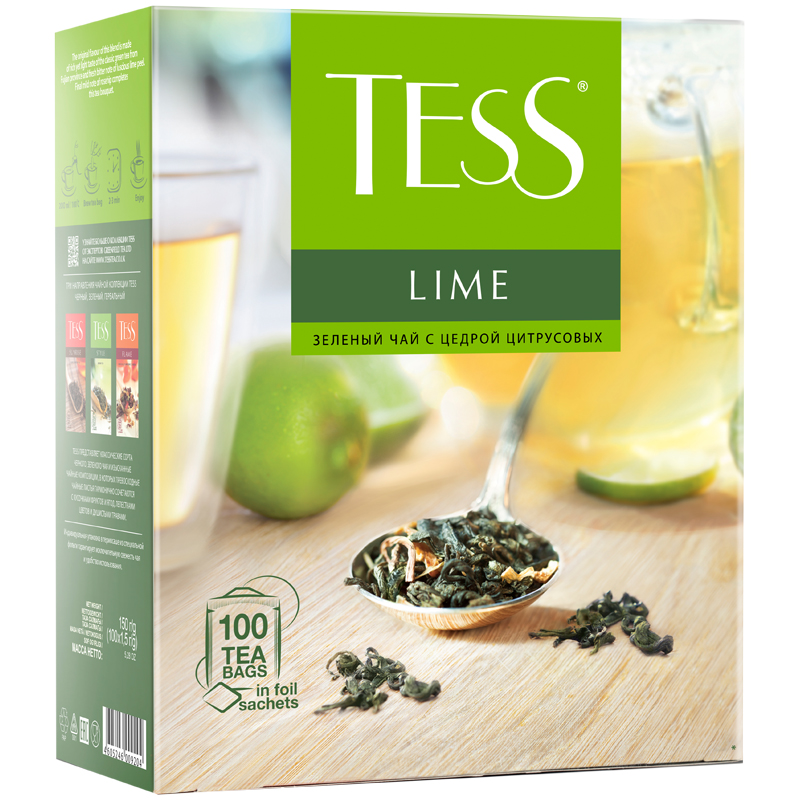 Чай Tess "Lime", зеленый с цедрой цитрусовых, 100 фольг. пакетиков по 1,5г 0920-09
