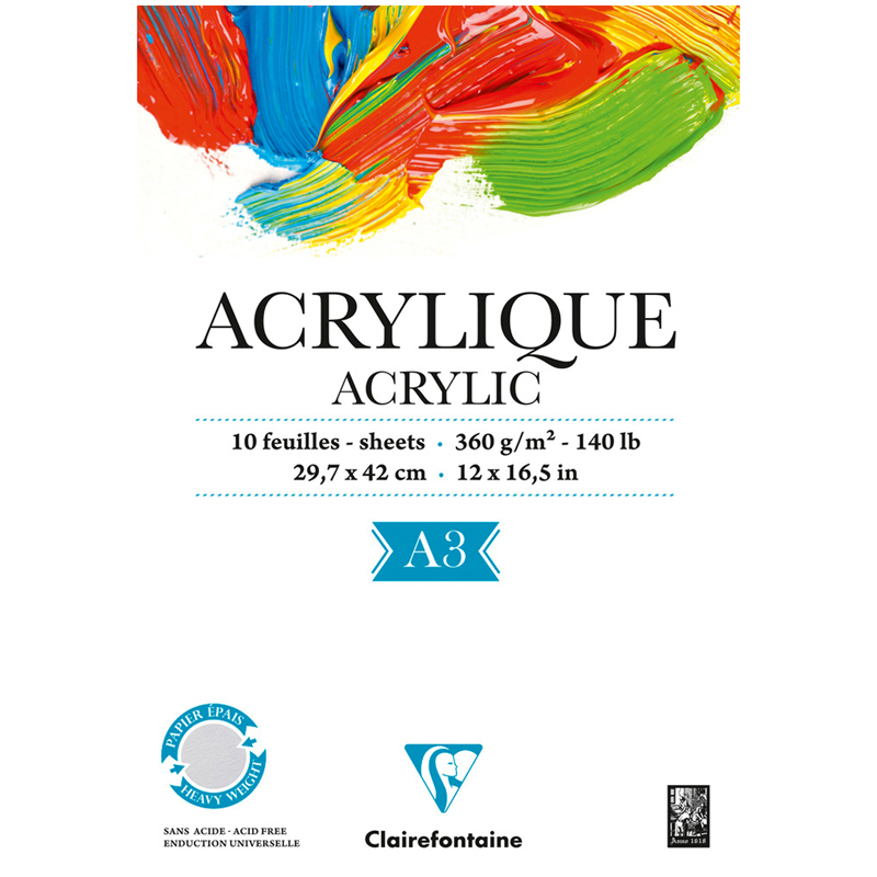 Альбом для акрила, 10л., А3, на склейке Clairefontaine "Acrylic", 360г/м2 96309C