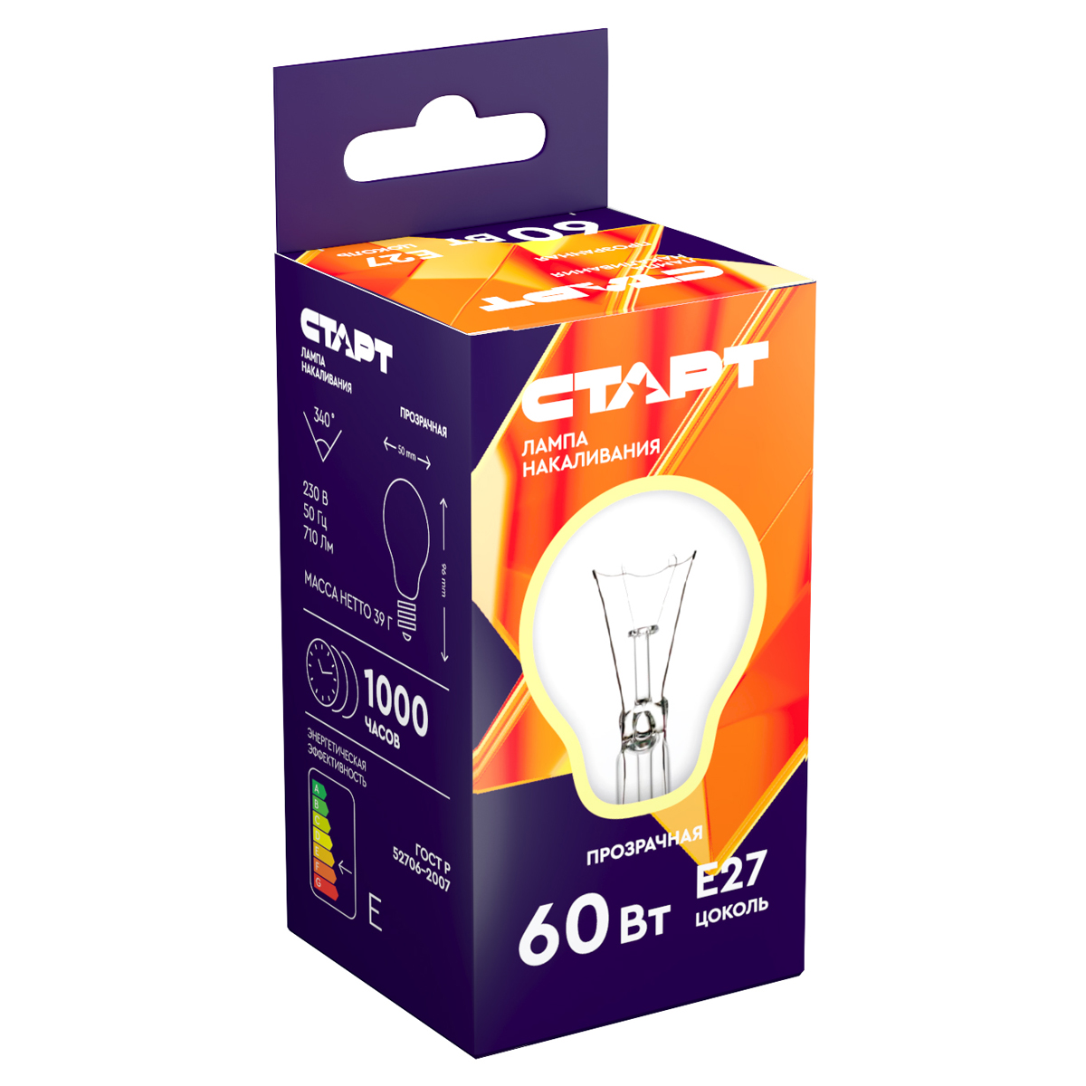 Лампа накаливания Старт Б 60W, E27, прозрачная 6276/11960