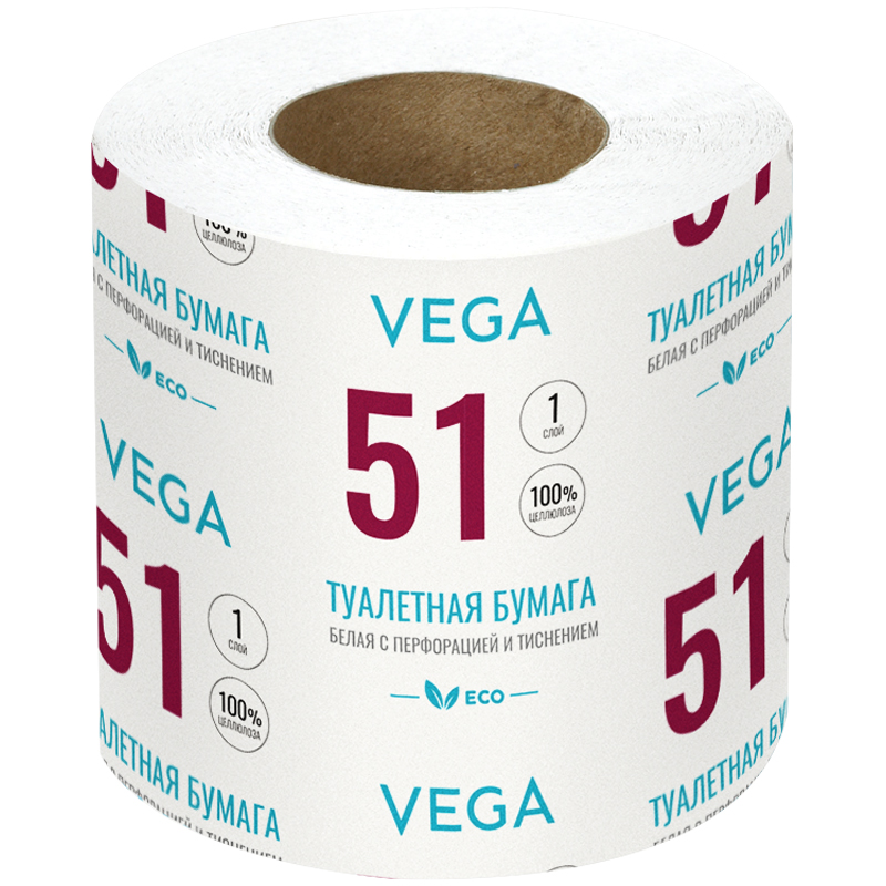 Бумага туалетная Vega, 1-слойная, 51 м/рул., на втулке, с перф., с тиснением, белая 339244