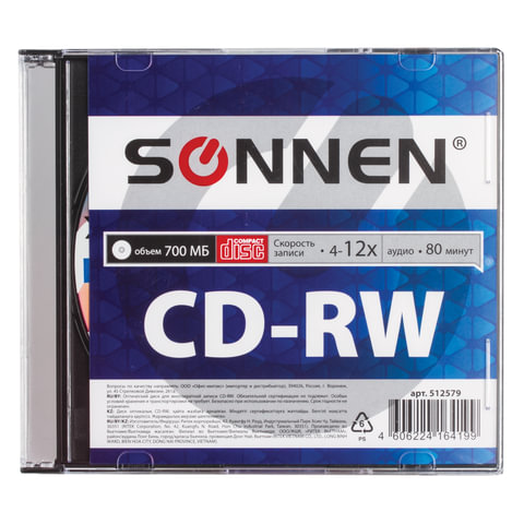 Диск CD-RW SONNEN 700Mb 4-12x Slim Case (1 штука), 512579