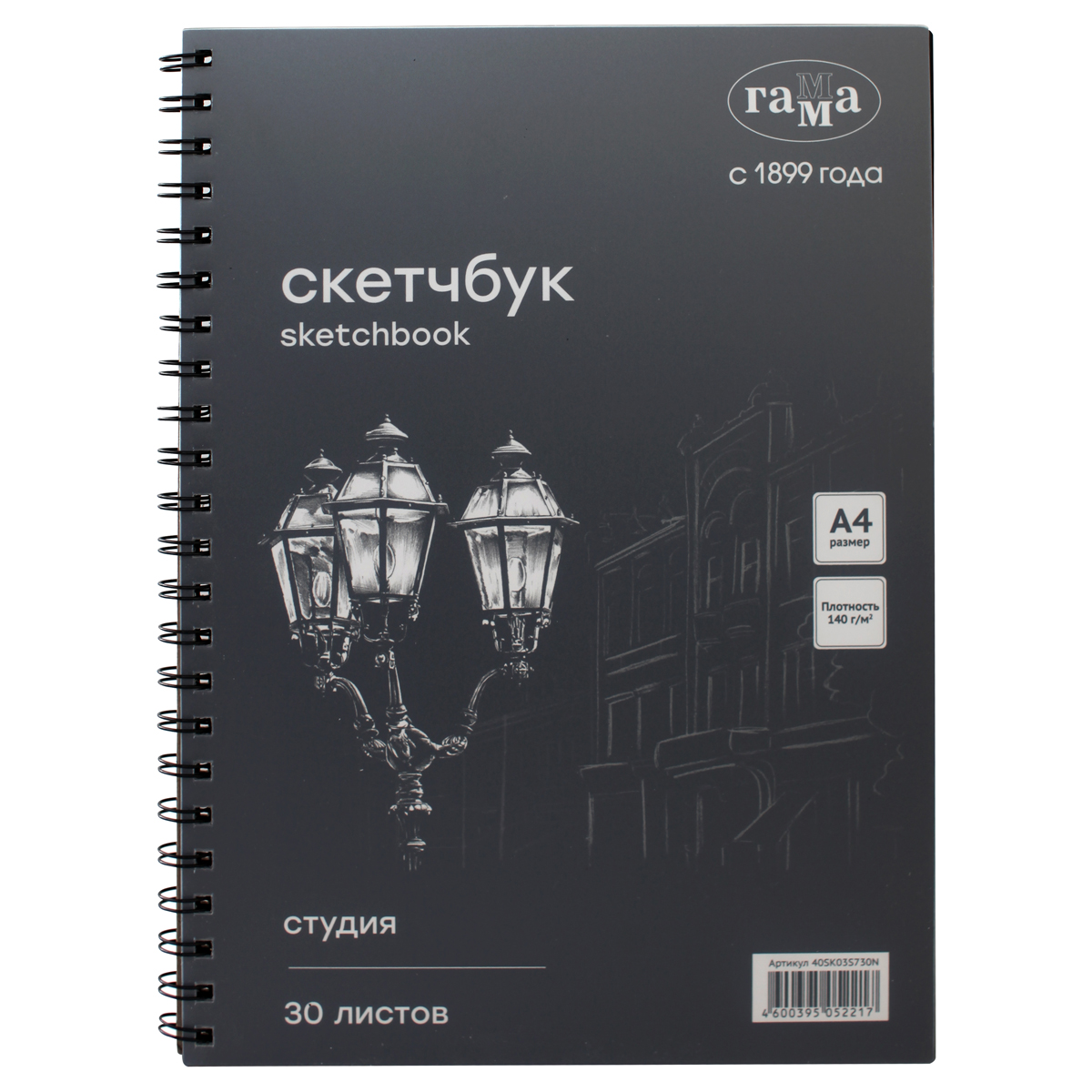 Альбом для графики, 30л., А4, на спирали Гамма "Студия", черный, 140г/м3 40SK03S730N