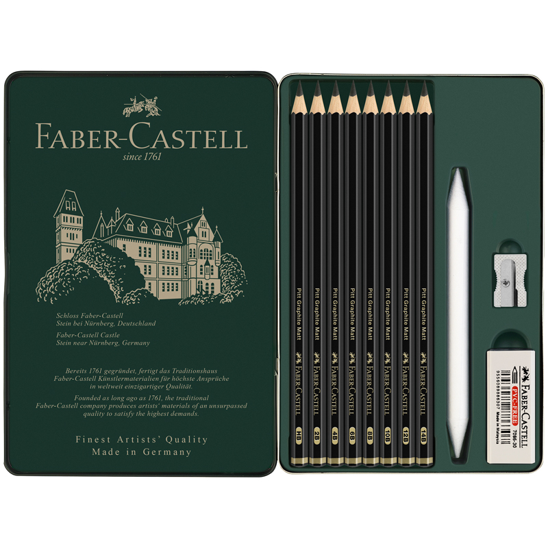Набор карандашей ч/г матовых Faber-Castell "Pitt Graphite Matt" HB, 2B, 4B, 6B, 8B, 10B, 12B, 14B, заточ, ластик, метал.точилка, растушевка, метал.кор 115220
