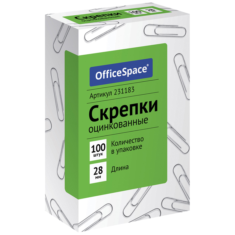 Скрепки 28мм, OfficeSpace, 100шт., оцинкованные, карт. упак. 231183