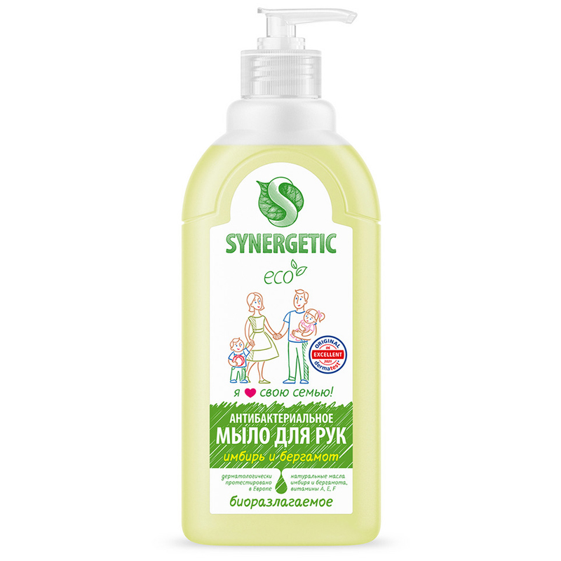 Мыло жидкое Synergetic "Имбирь и бергамот", антибактериальное увлажняющее, гипоаллергенное, 500мл 4607971450917
