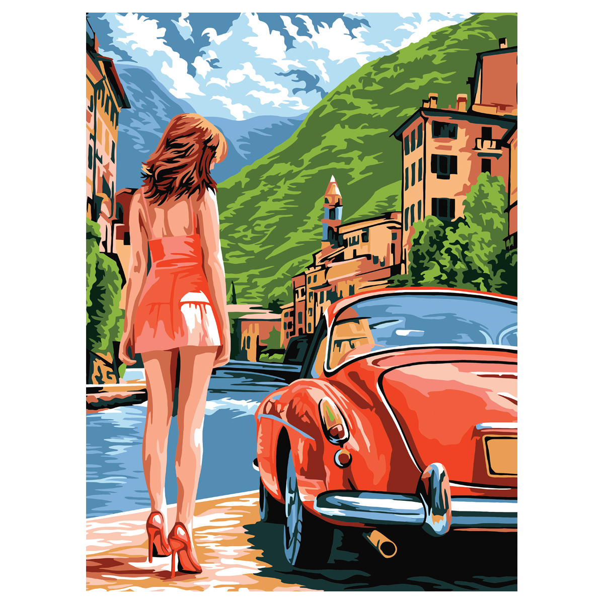 Картина по номерам на картоне ТРИ СОВЫ "Девушка и ретро автомобиль", 30*40, с акриловыми красками и кистями КК3040_57059